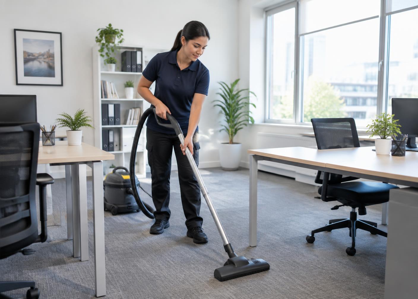 Professional cleaner vacuuming a bright office