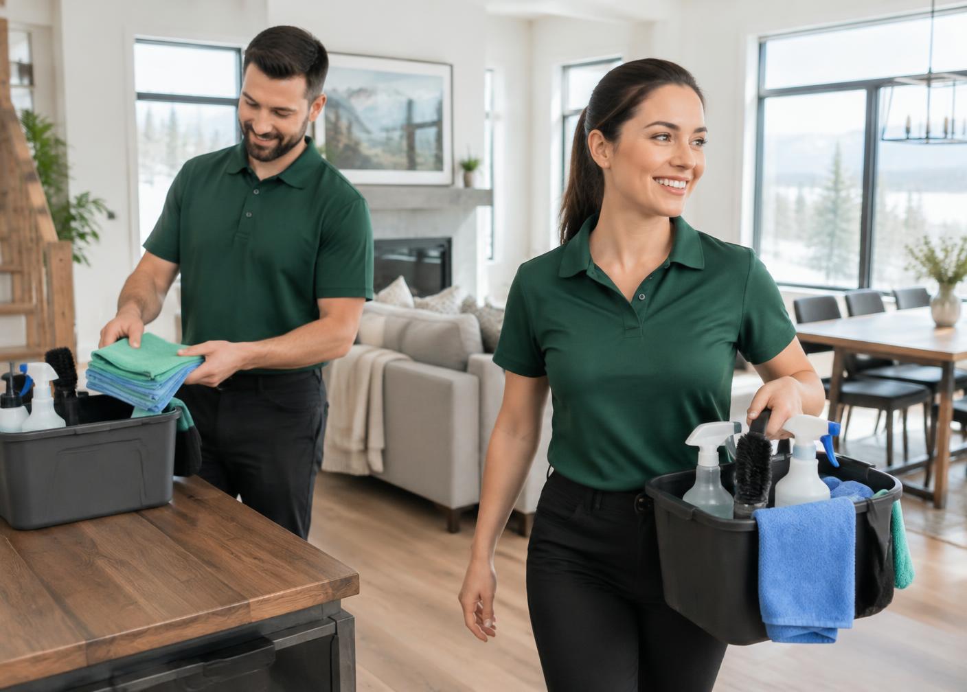 Professional cleaning team preparing supplies in a bright home